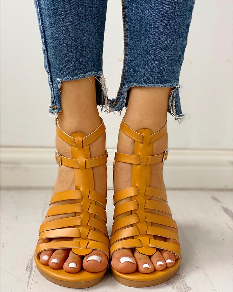 

Solid Multi-Strap Hollow Out Flat Sandals, Yellow