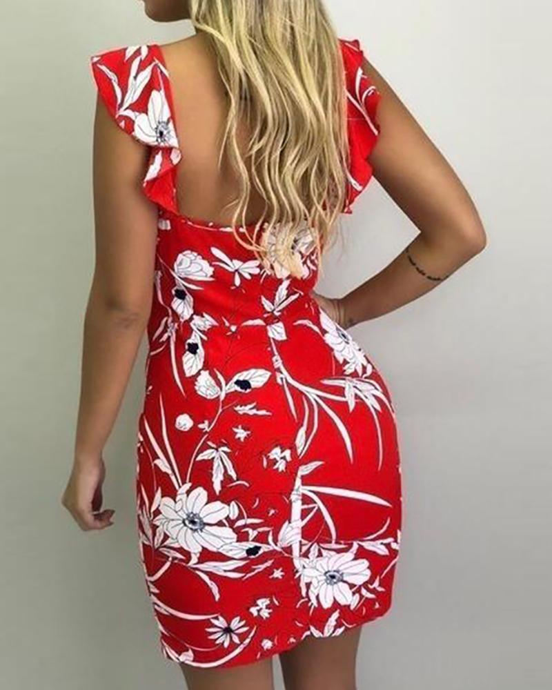 

Floral Print Thick Strap Bodycon Mini Dress, Red