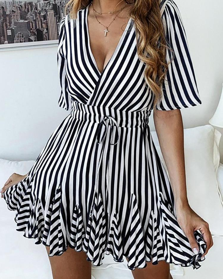 

V-Neck Striped Ruffles Casual Dress