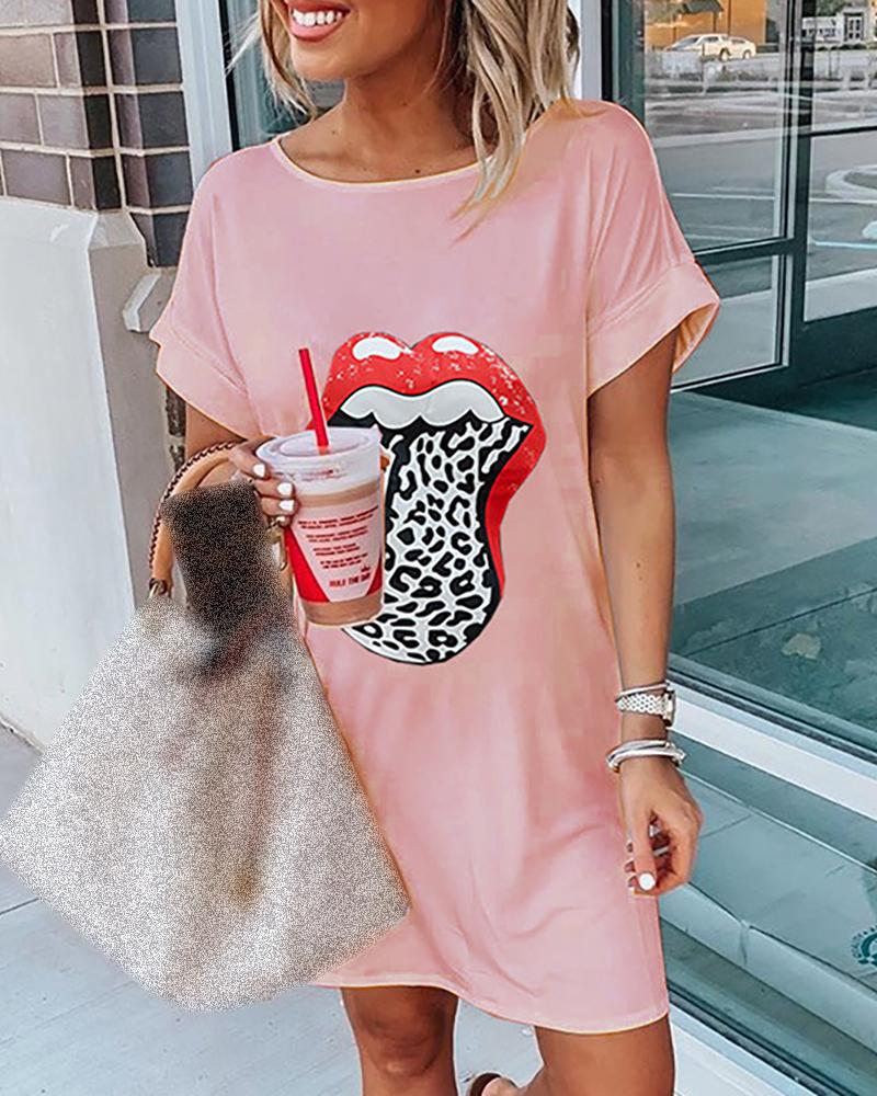 

Lip Print Short Sleeve Casual Dress, Pink