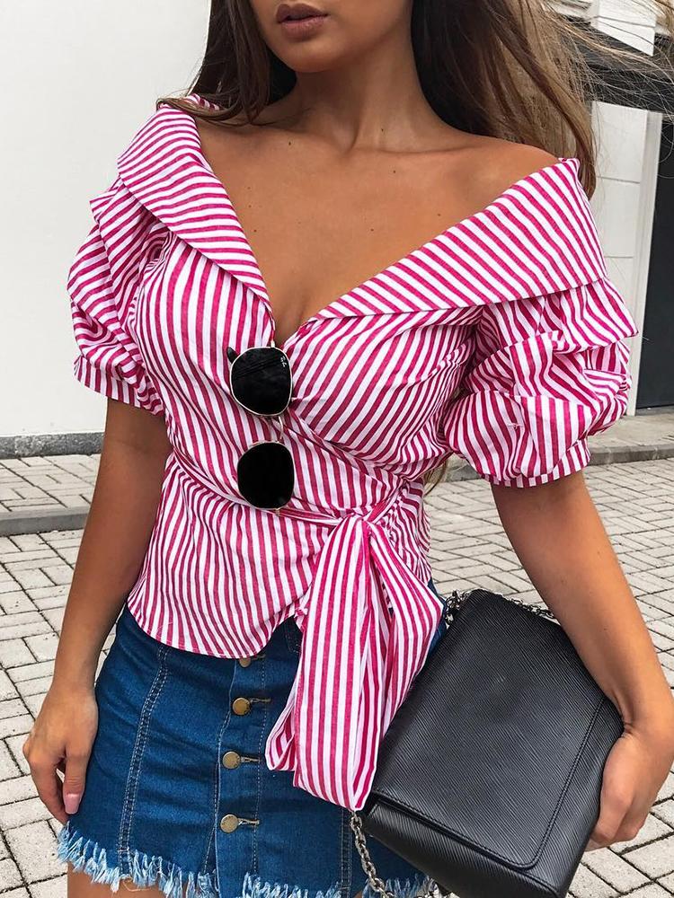 

Puff Sleeve Belted Striped Bardot Blouse