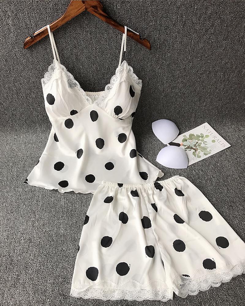

Polka dot Lace Trim Cami Set, White