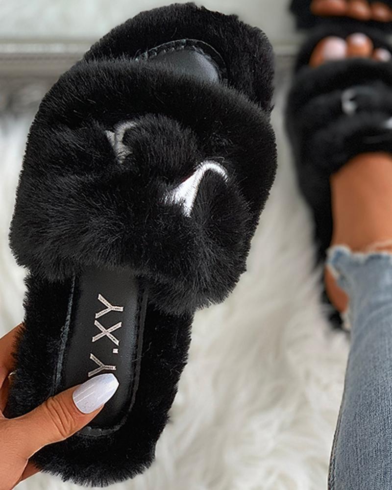 

Letter Pattern Open Toe Fluffy Slippers, Black