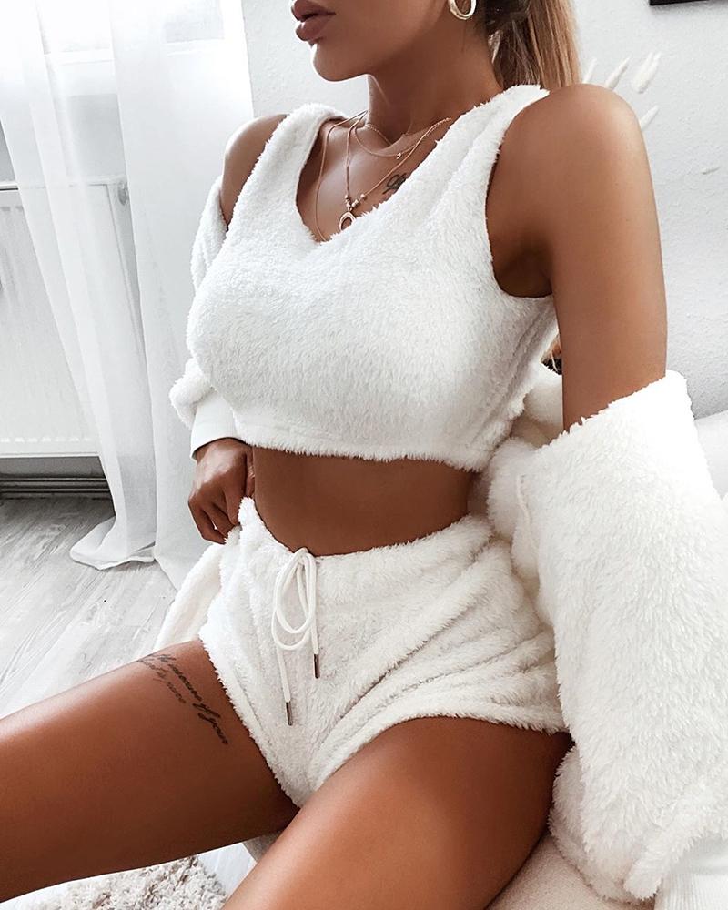 

Fluffy Crop Top & Drawstring Shorts Set, White