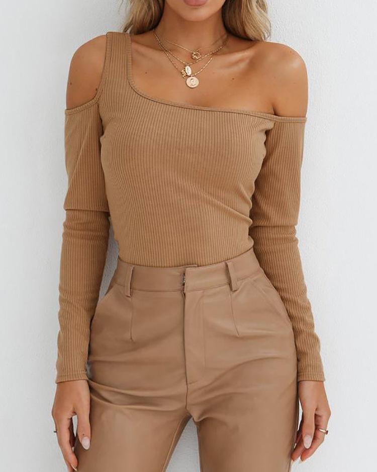 

Long Sleeve One Shoulder Top, Khaki