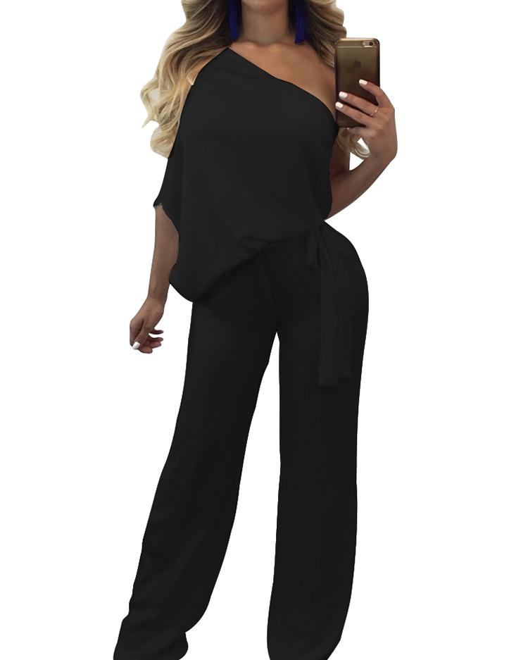 

Trendy One Shoulder Tied Waist Flared Jumpsuit