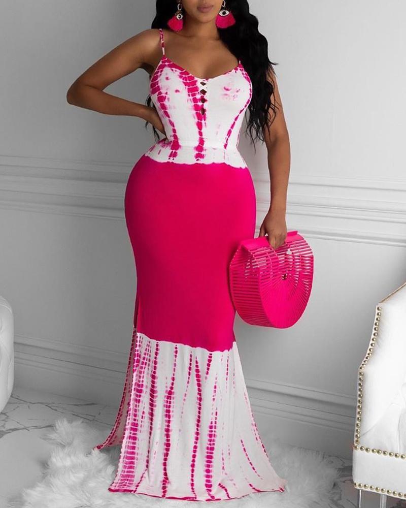 

Tie Dye Print Colorblock Slit Maxi Dress, Hot pink