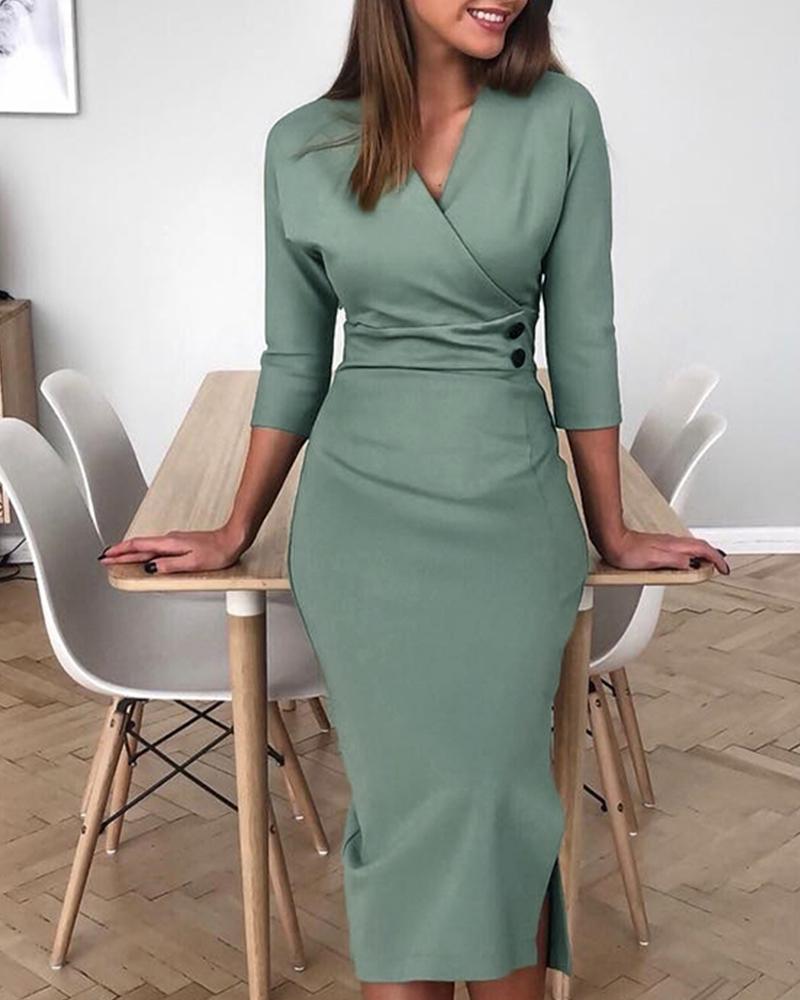 

V-Neck Buttoned Side Slit Work Dress, Green