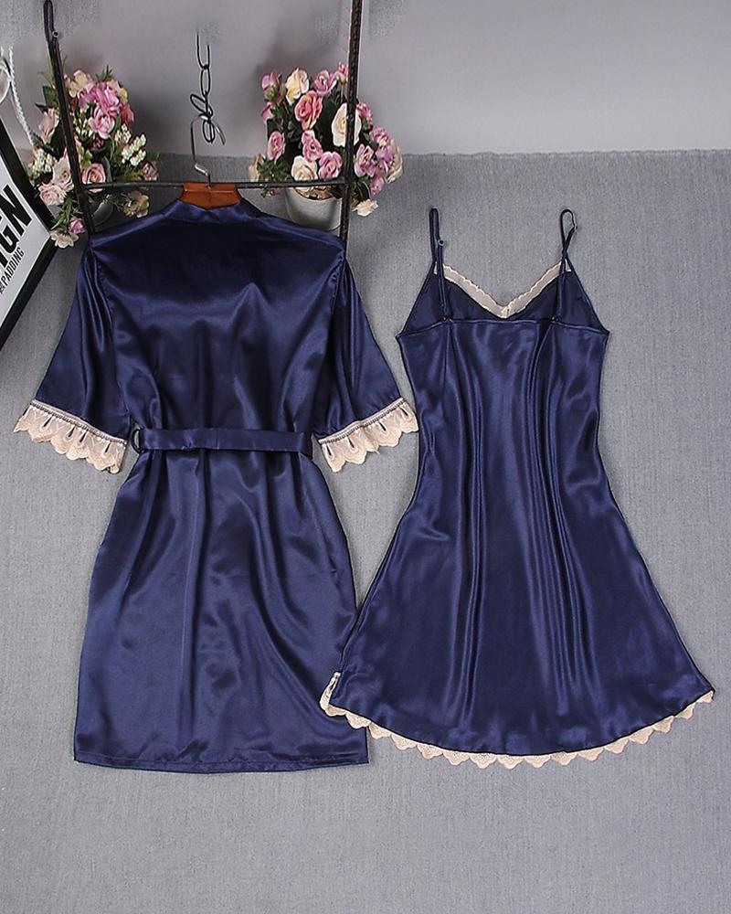 

Satin Lace Trim Cami Dress & Robe Set, Dark blue