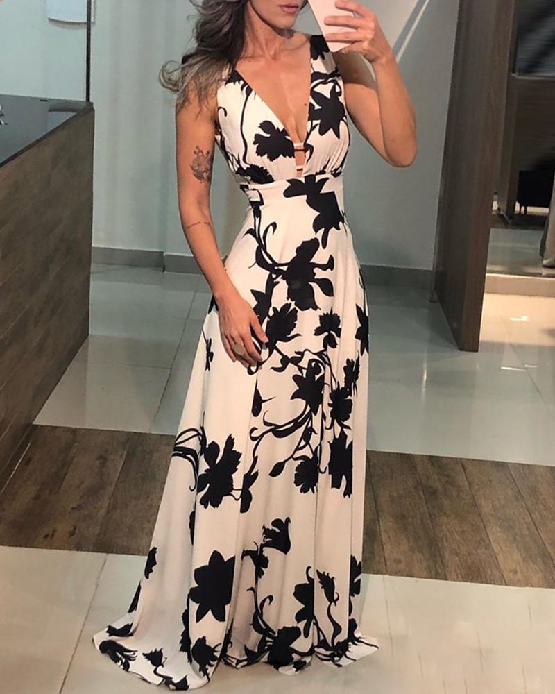 

Plunge Sleeveless Floral Print Maxi Dress, Beige