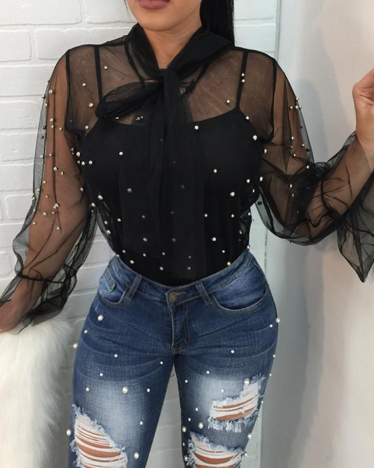 

Sexy Tie Neck Beading Embellished Sheer Mesh Blouse, Black