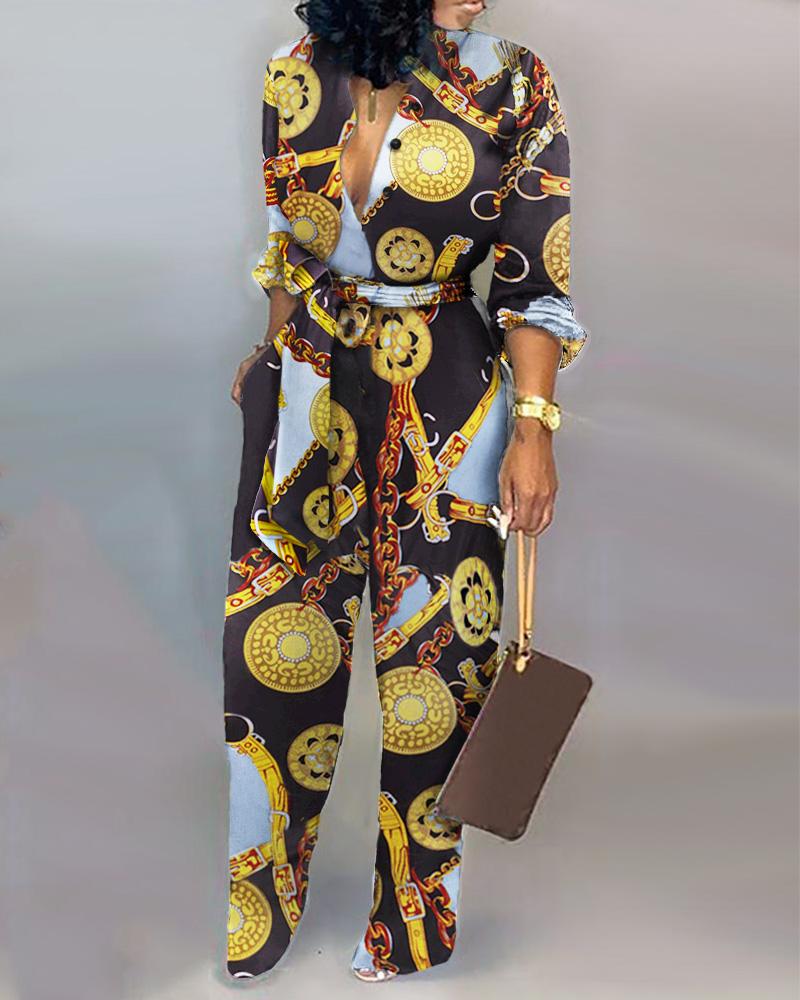

Chains Print Long Sleeve Knotted Jumpsuit, Multicolor