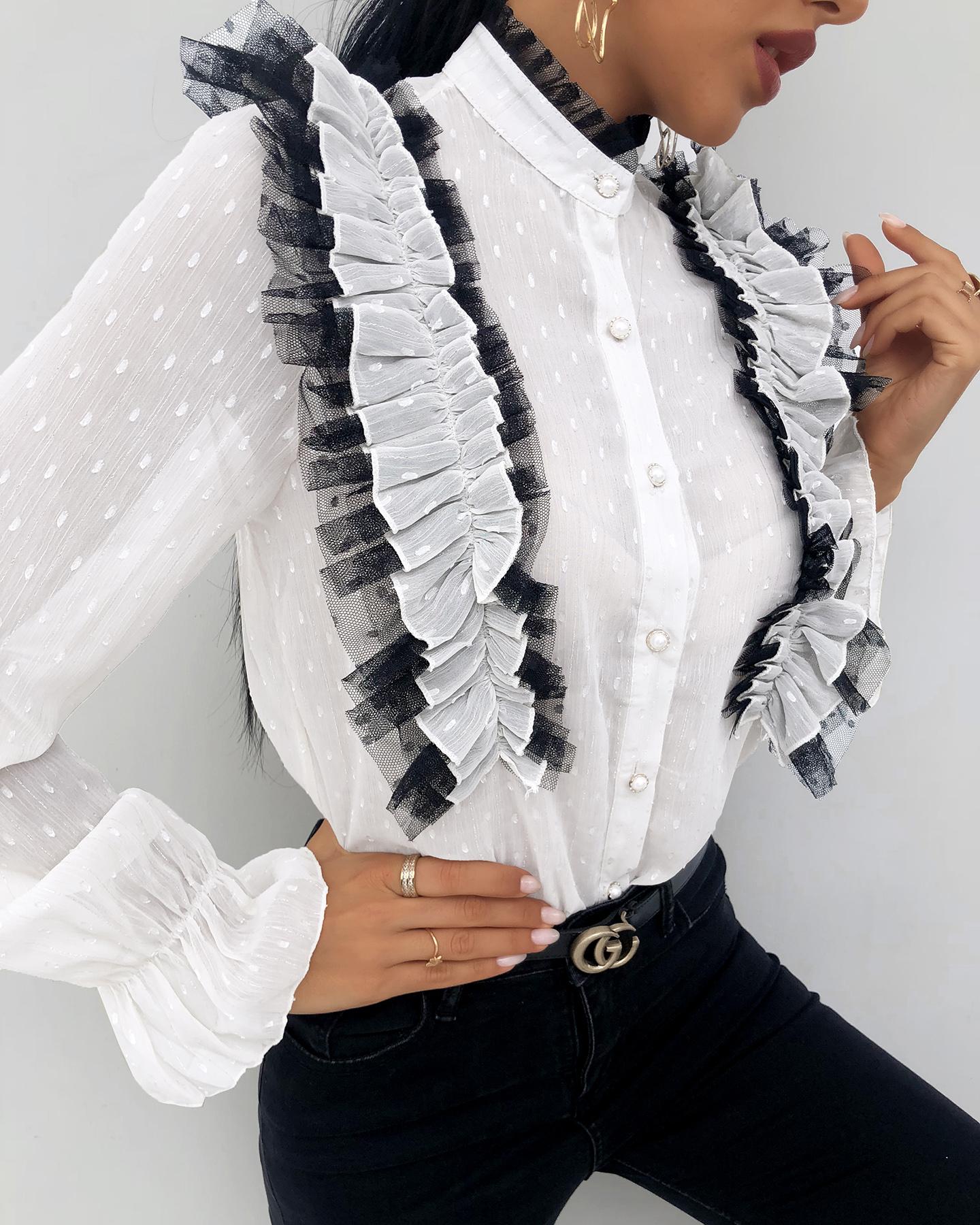 

Sheer Mesh Ruffles Hem Lantern Sleeve Button Shirt, White