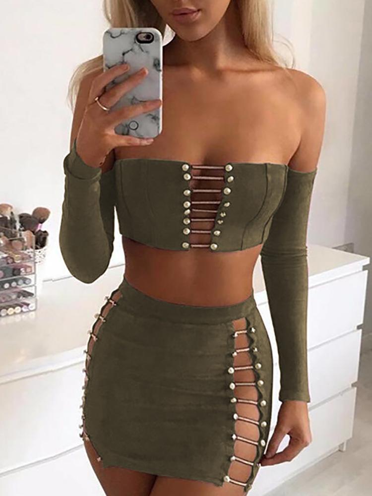 

Suede Ladder Cut Out Crop Top & Mini Skirt Sets, Army green