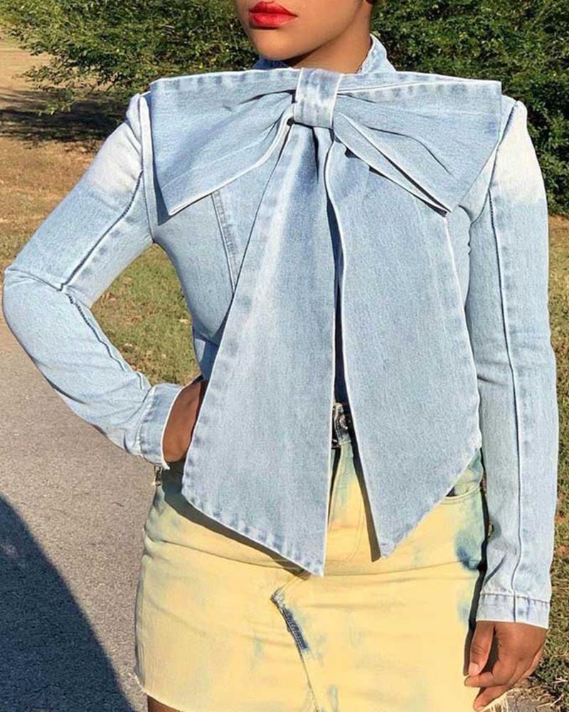 

Solid Tied Neck Bowknot Design Denim Blouse, Blue