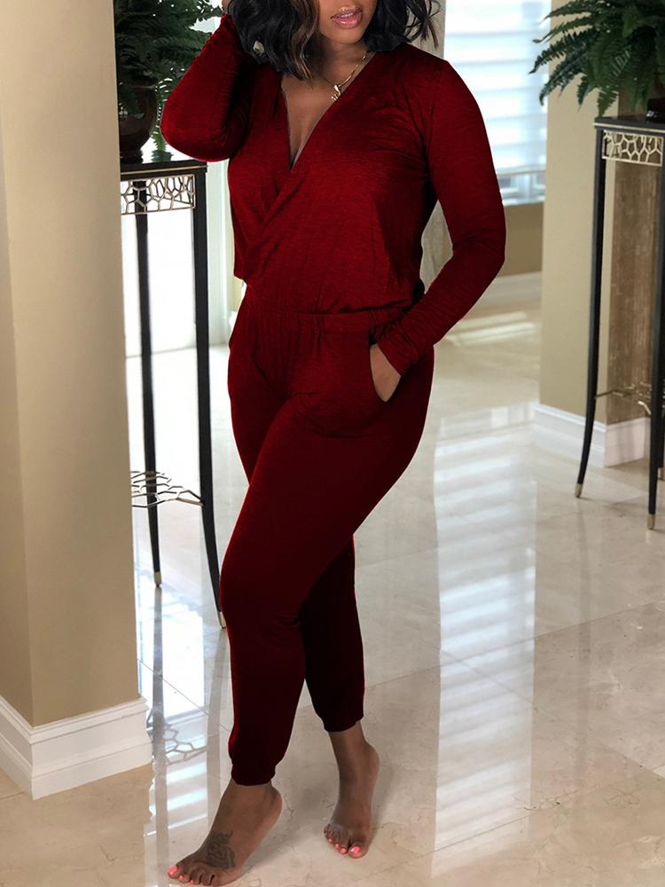 

Solid Deep V Wrapped Long Sleeve Jumpsuit