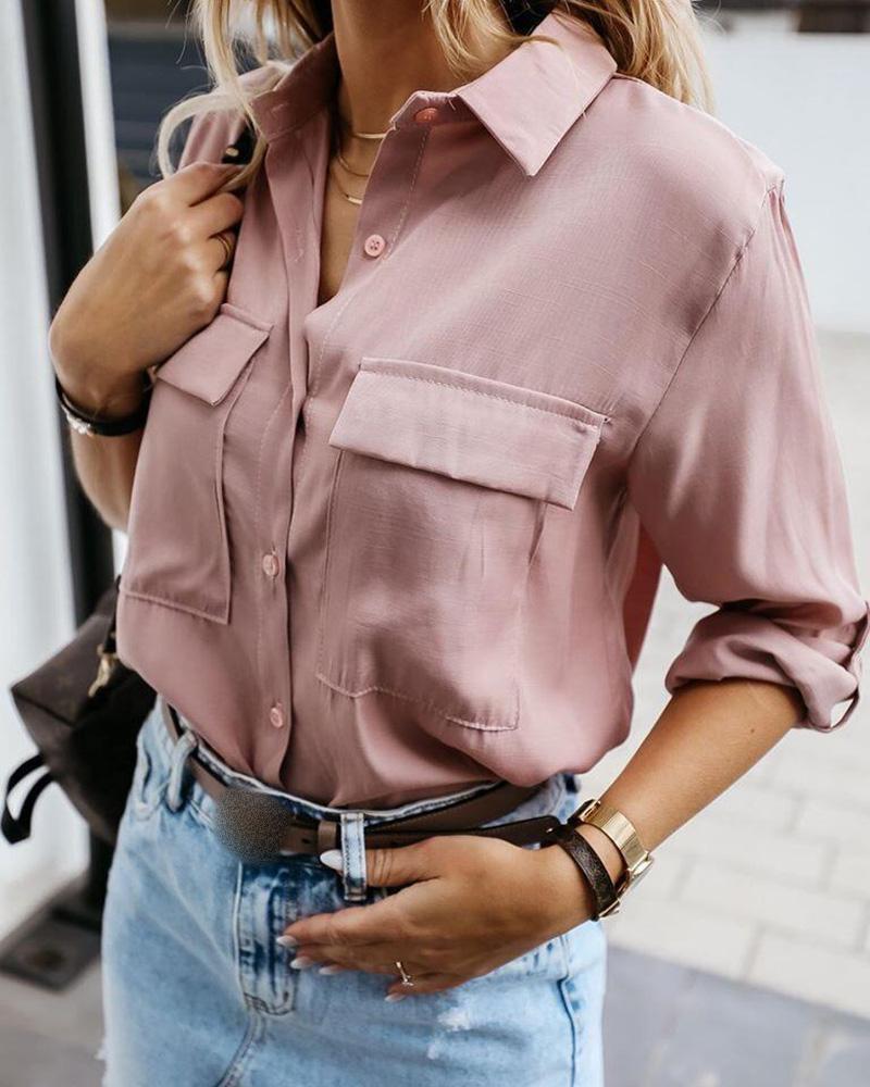 

Buttoned Pockets Design Solid Long Sleeve Shirt, Pink