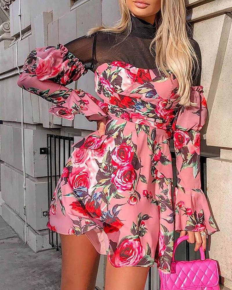 

Floral Print Mesh Patchwork Puffed Sleeve Dress, Pink