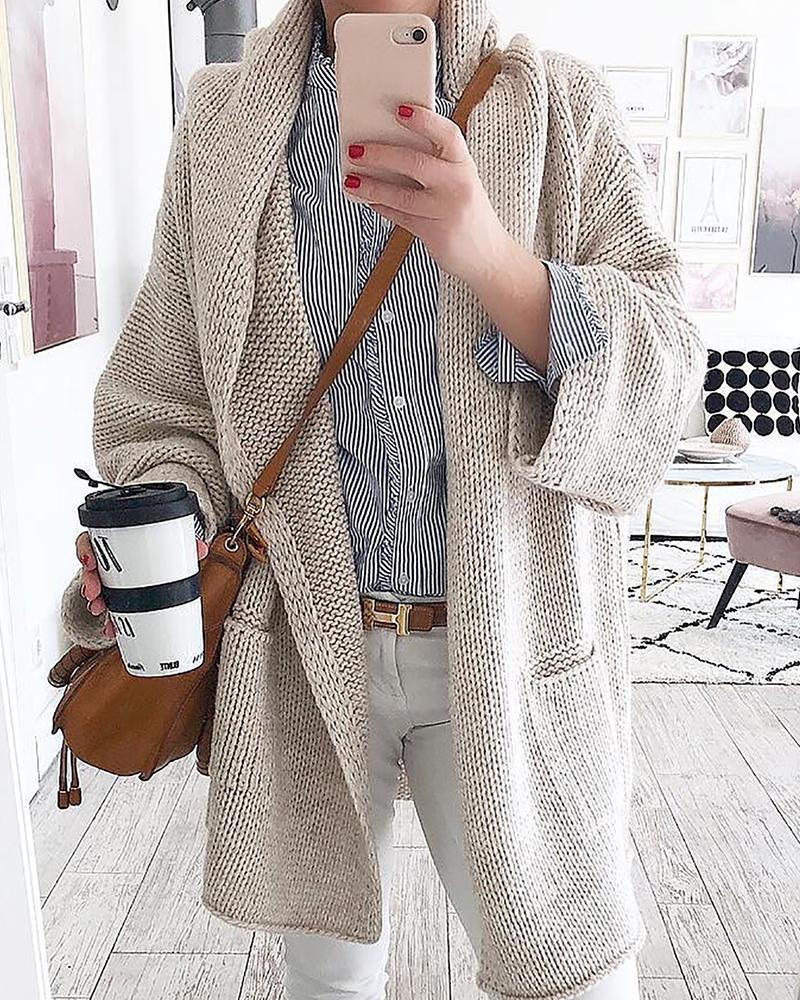 

Solid Loose-Knitted Overlap Cardigan, Beige