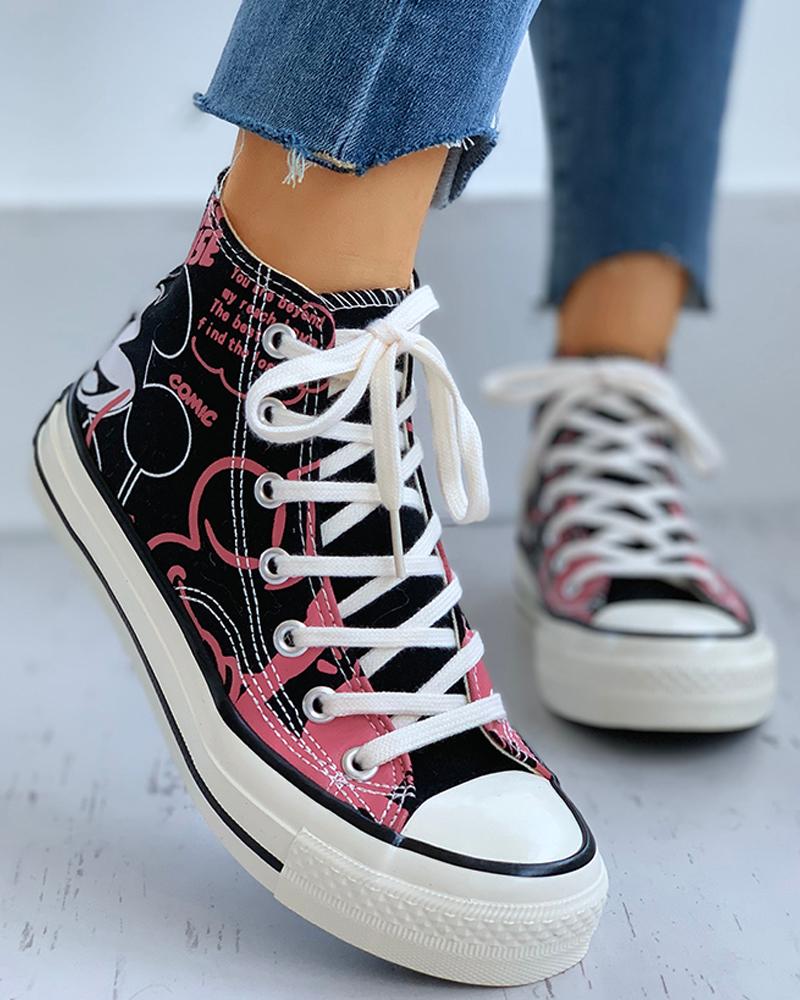 

Cartoon Print Lace-Up Casual Sneakers, Black