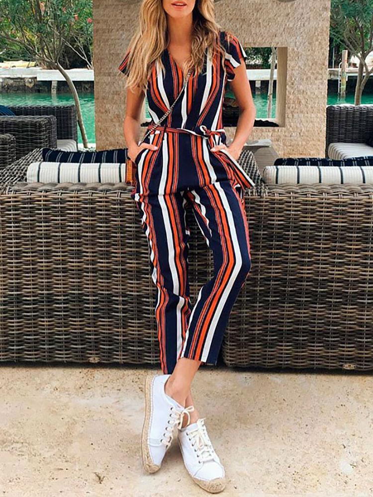 

Contrast Color Stripe Belted Casual Jumpsuit, Multicolor