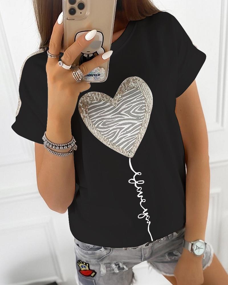 

Heart Sequins Zebra Print Casual T-shirt, Black