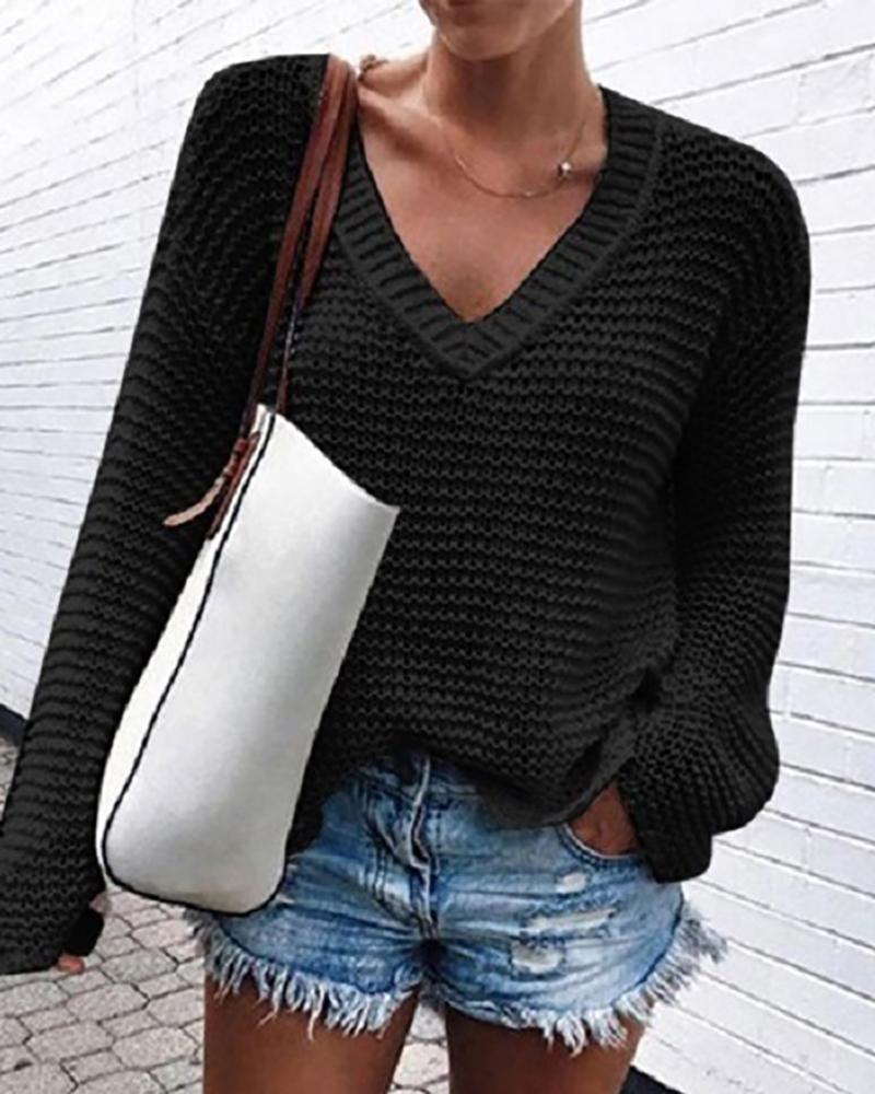 

V Neck Long Sleeve Casual Pointelle Sweater