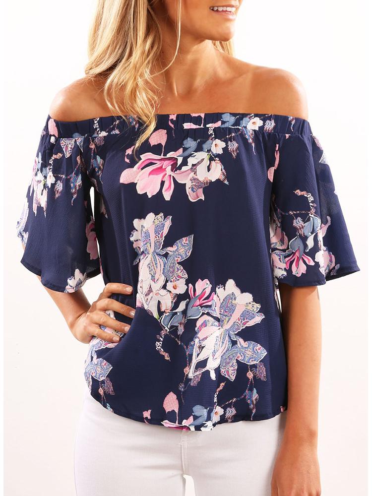 

Spring Floral Off Shoulder Flare Sleeve Casual Top