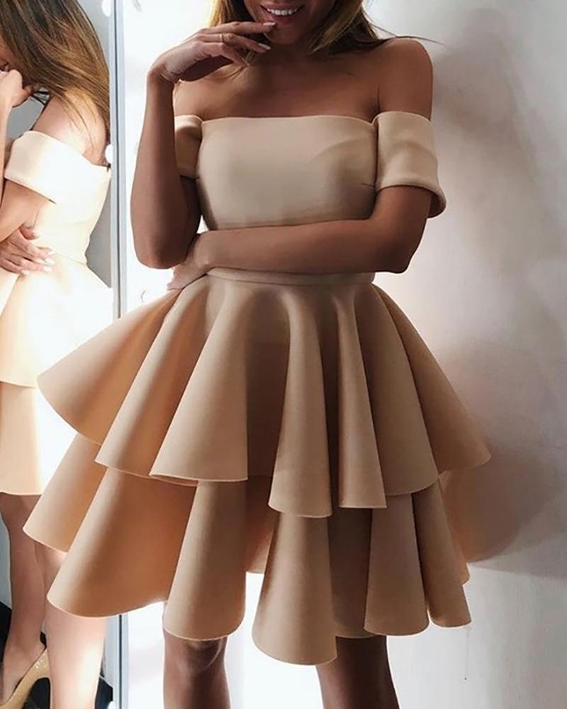 

Solid Off Shoulder Volume Pleated Dress