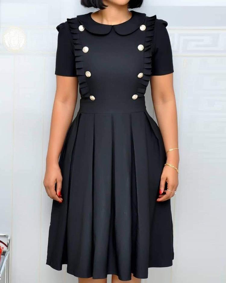 

Buttoned Ruched Design Pleated Dress, Black