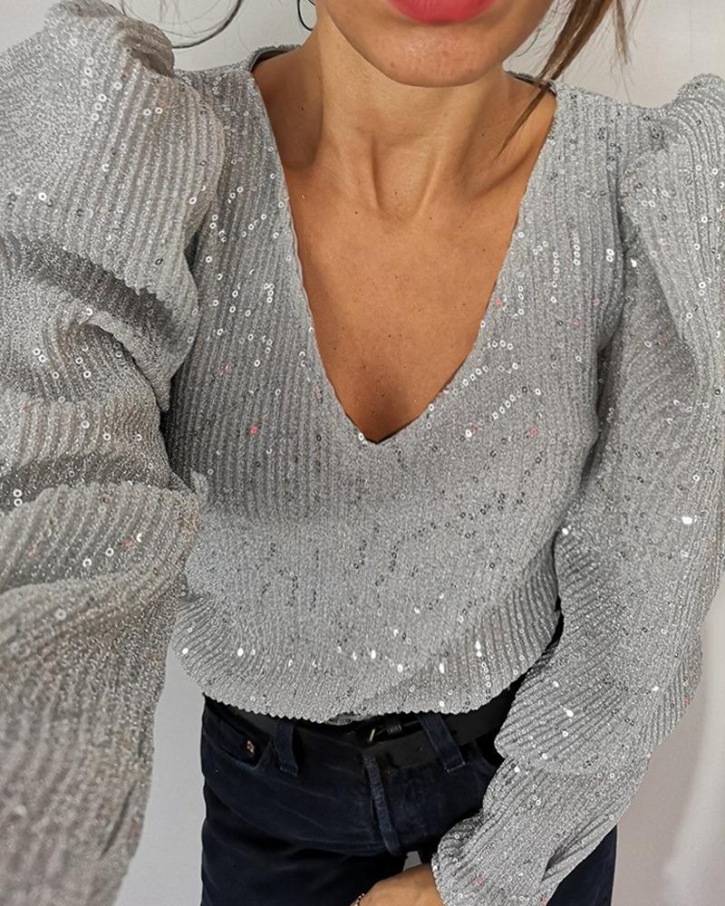 

Glitter V-Neck Puff Lantern Sleeve Sequins Blouse
