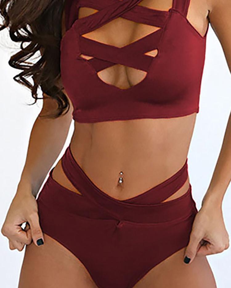 

Crisscross Bandage Cutout Tankini Set, Wine red