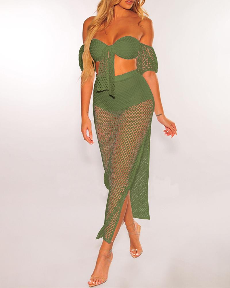

Sheer Off Shoulder Fishnet Crop Top & Skirt Sets, Army green
