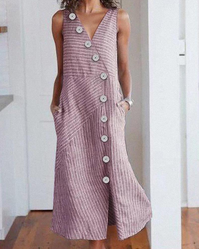 

Button Design Sleeveless V-neck Striped Dress, Pink
