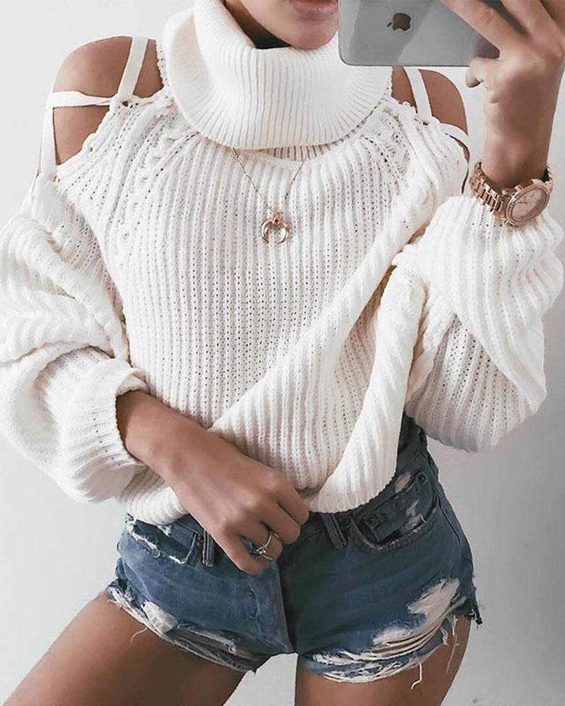 

Cold Shoulder High Neck Sweater Top, White