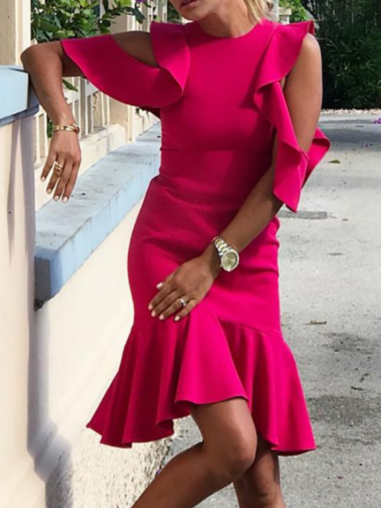

Ruffles Cold Shoulder Pep Hem Bodycon Dress, Hot pink
