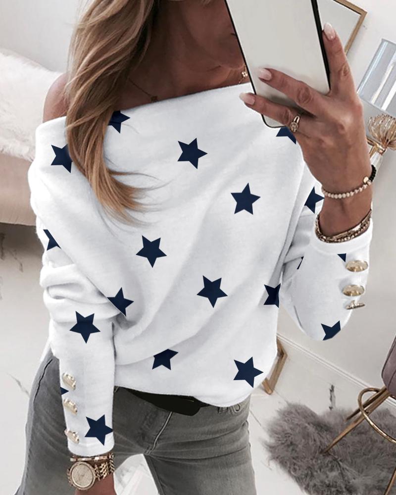 

Batwing Sleeve Star Print Buttoned Sweatshirt, White