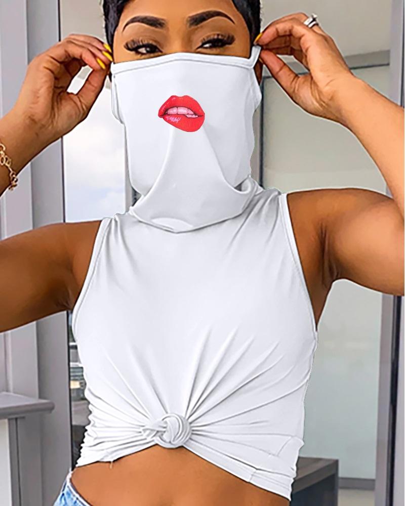 

Casual Tank Top With Lip Print Ear Loop Bandana, White
