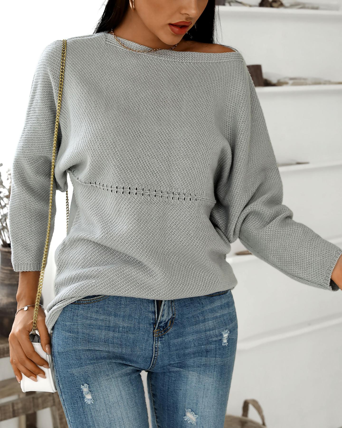 

Solid Long Sleeve Casual Knit Top, Gray