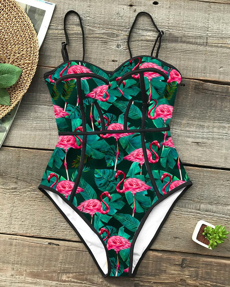 

Spaghetti Strap Floral Print One Piece Swimsuit, Dark green