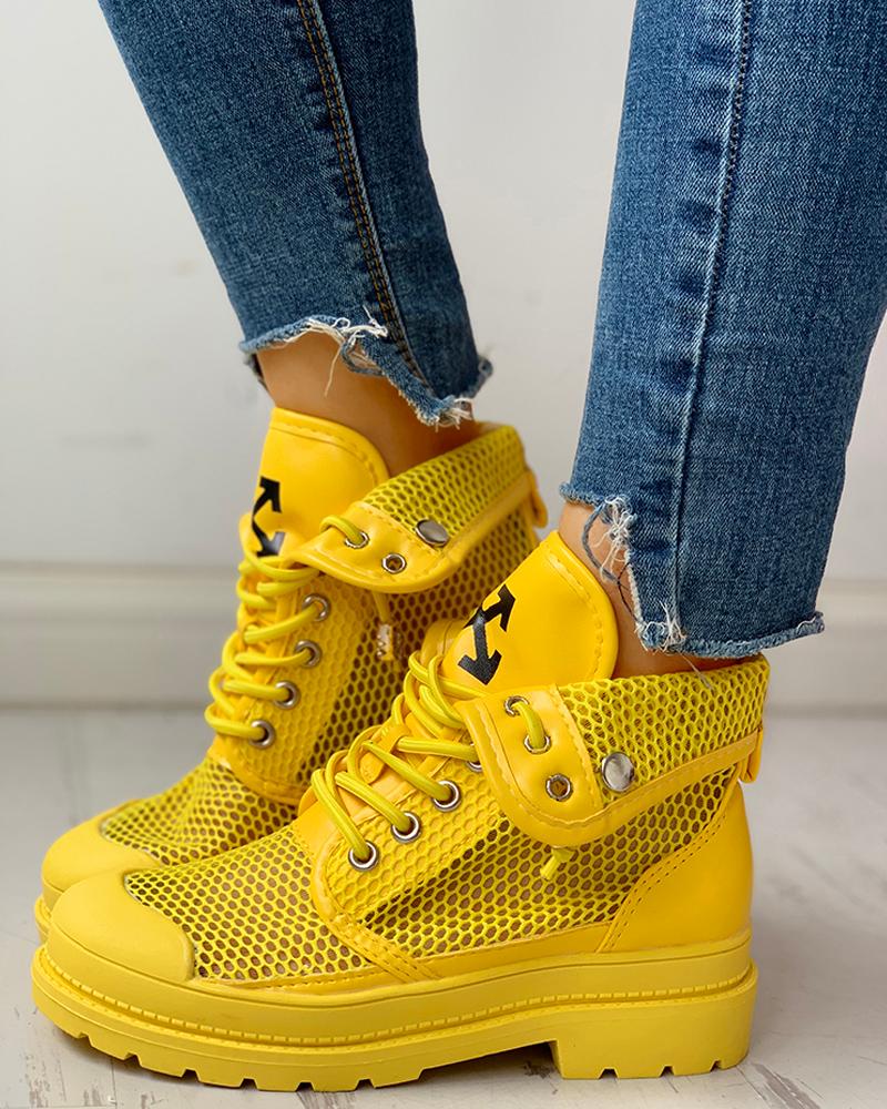 

Eyelet Lace-Up Fishnet Martin Boots, Yellow