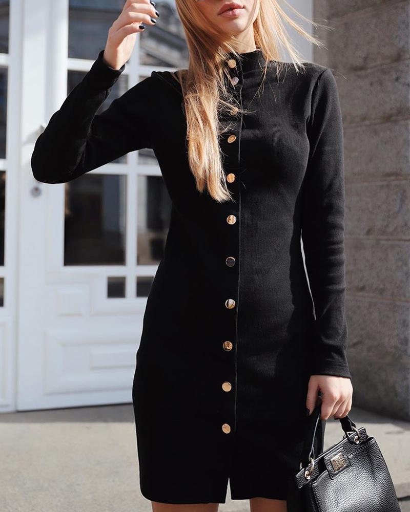 

Solid Mock Neck Long Sleeve Buttoned Bodycon Dress, Black