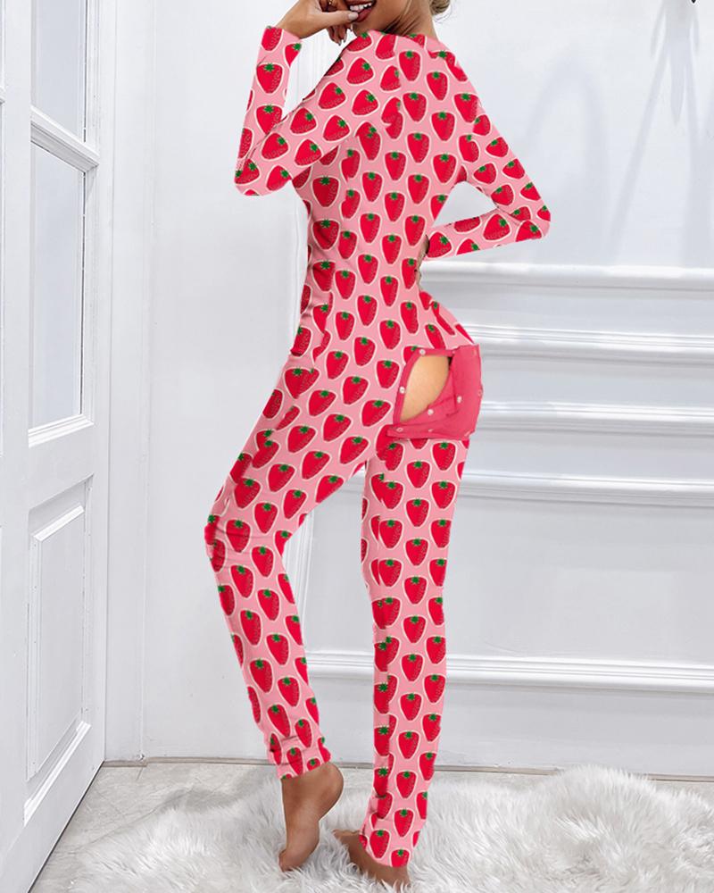 

Strawberry Print Long Sleeve Functional Buttoned Flap Pajamas, Pink