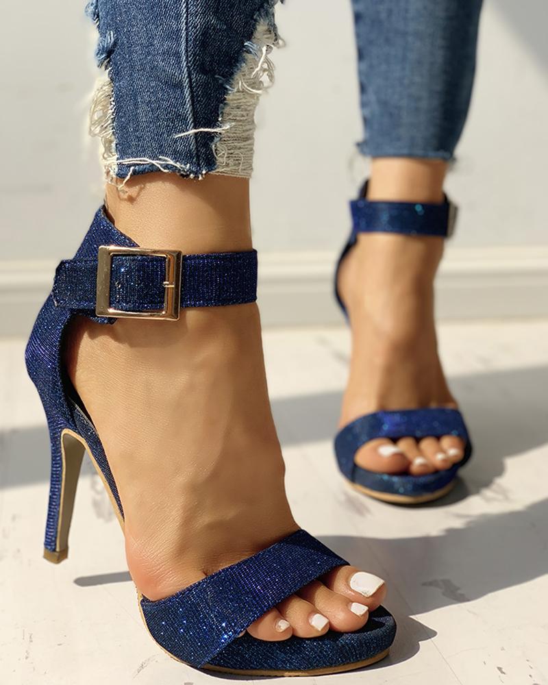 

Glitter Ankle Buckled Thin Heeled Sandals, Blue