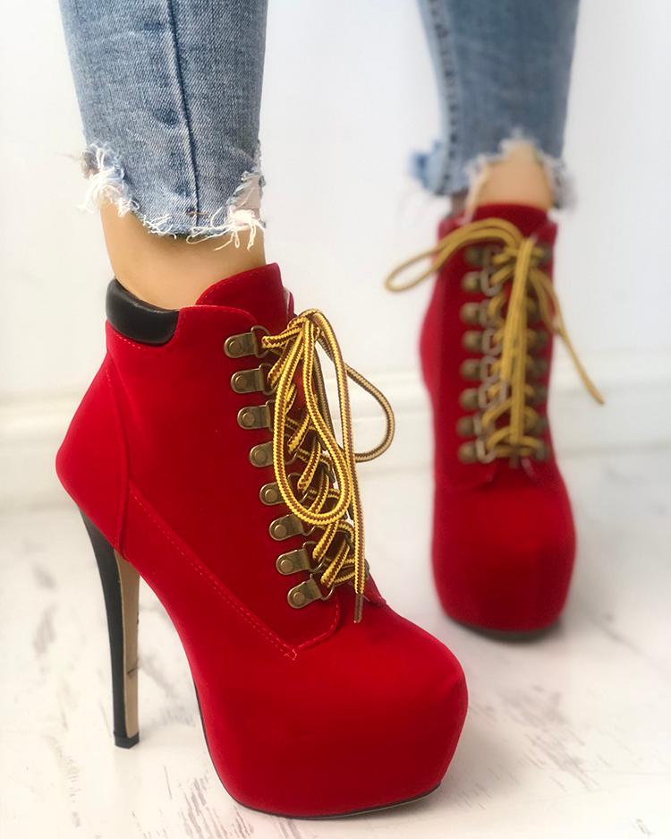 

Suede Contrast Color Platform Thin Heeled Boots, Red
