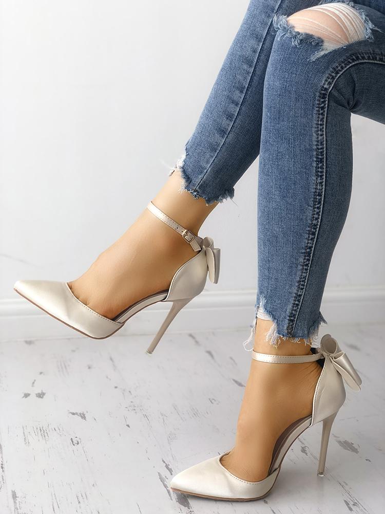 

Satin Bowknot Ankle Strap Peep Toe Heels, Gold