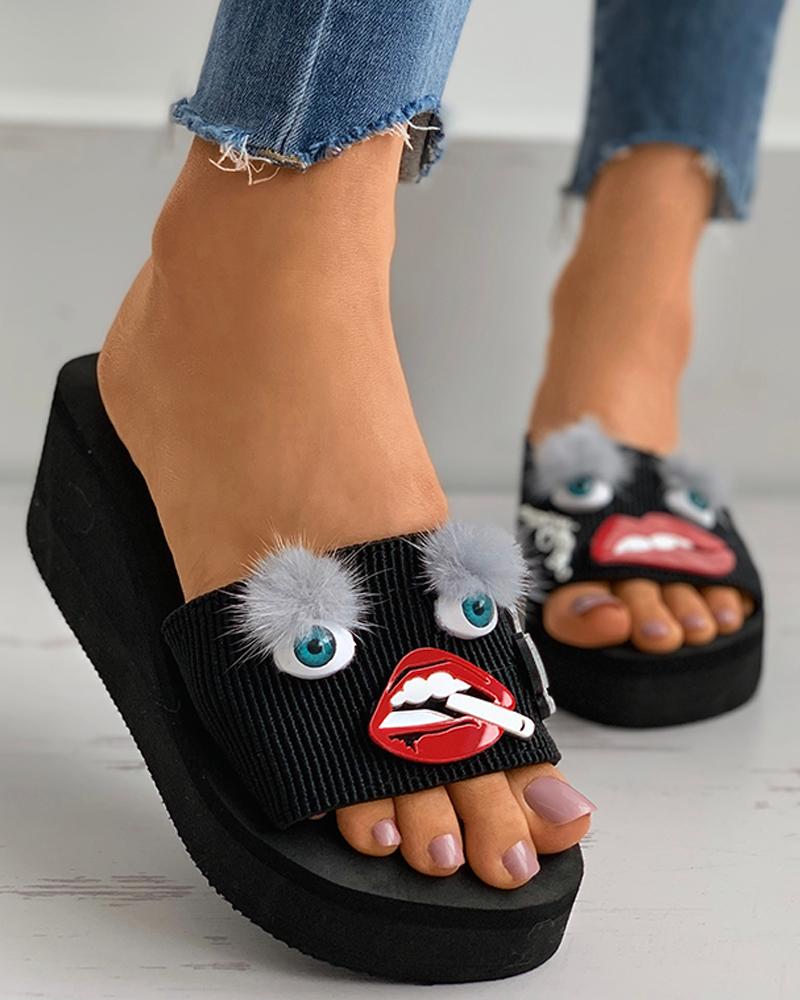 

Lip Eyes Pattern Fluffy Wedge Sandals, Black
