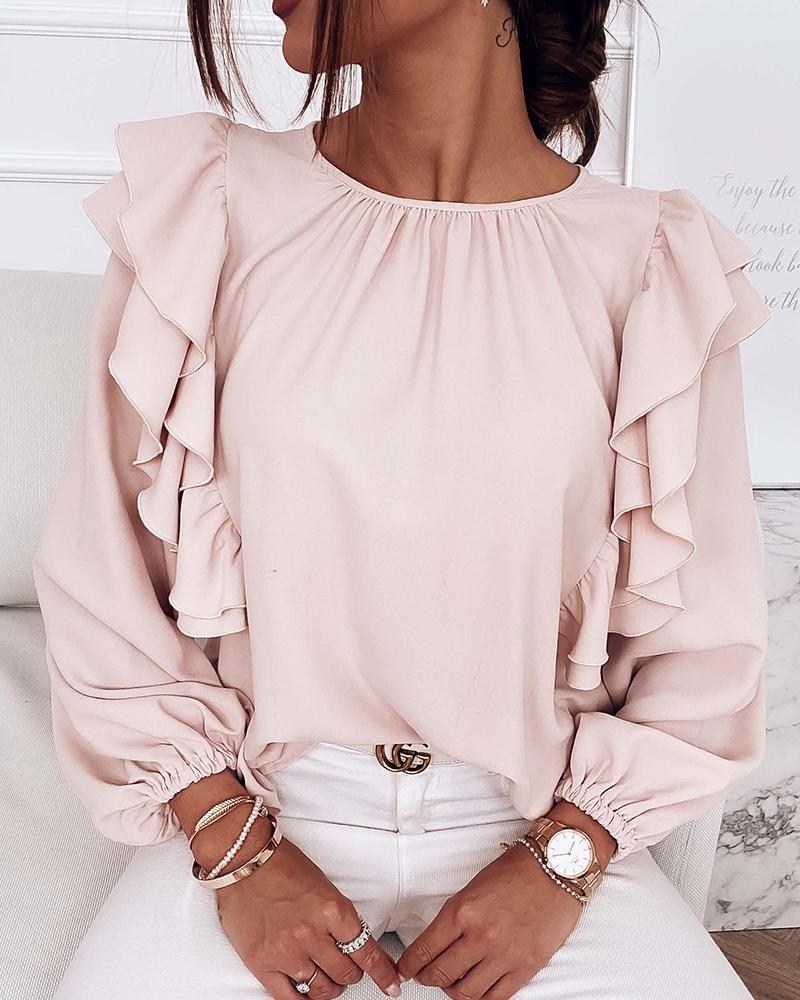 

Solid Long Sleeve Loose Ruffles Blouse, Pink