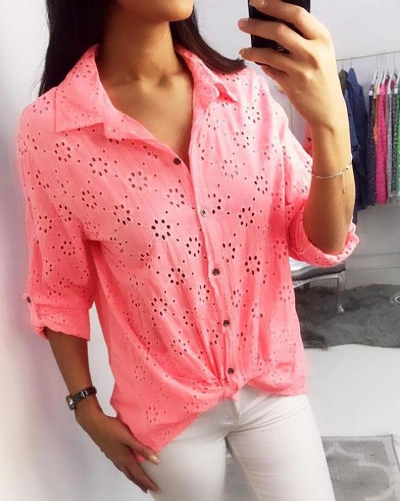 

Broderie Anglaise Lace Hollow Out Shirt, Pink