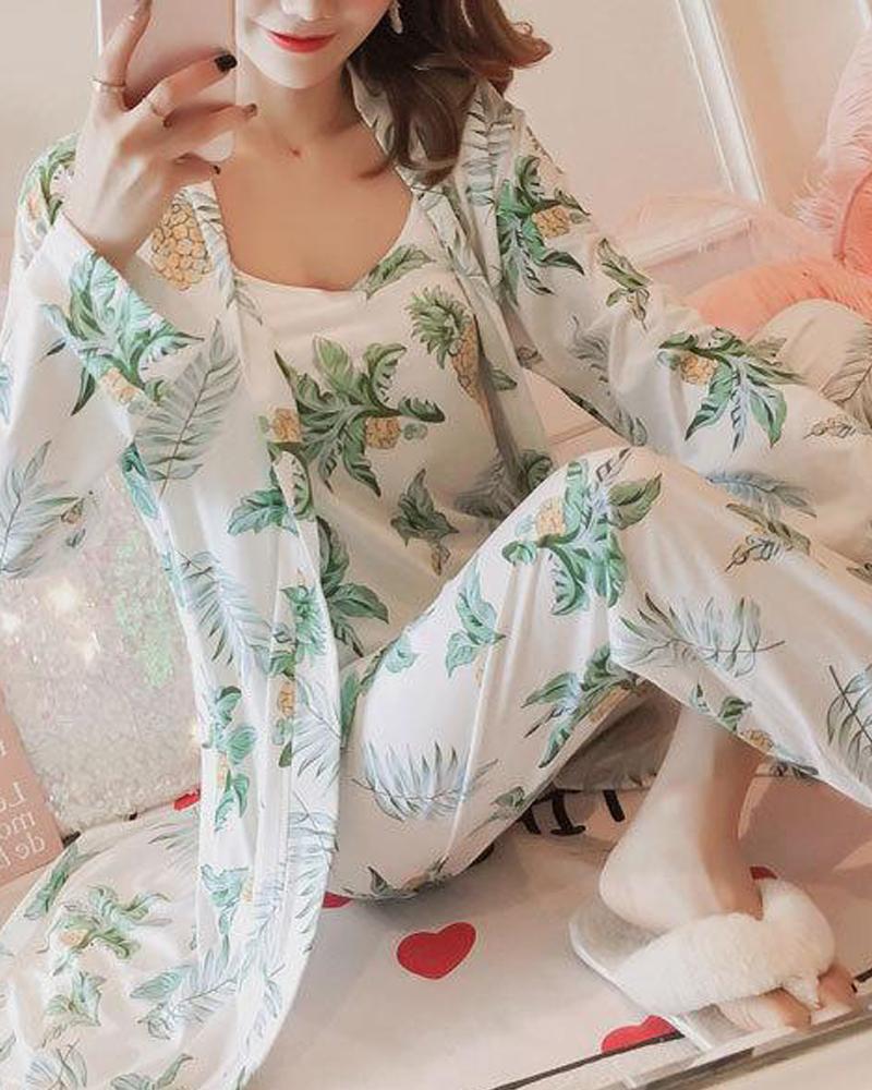 

Leaf Print Pajama 3-Piece Set, White